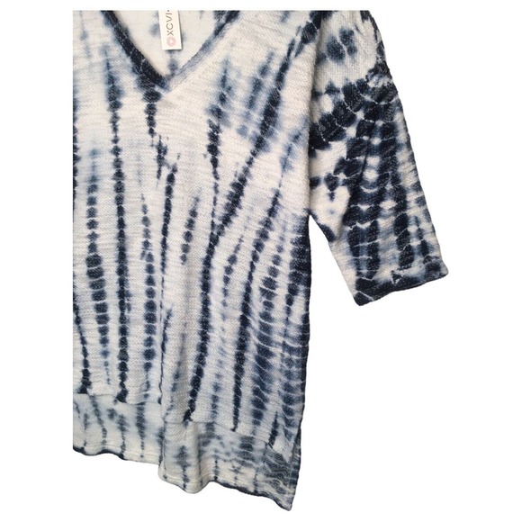 New XCVI Top Womens L Tie Dye Tunic Boho V Neck Short Sleeve Textured Knit Blue - Picture 10 of 14